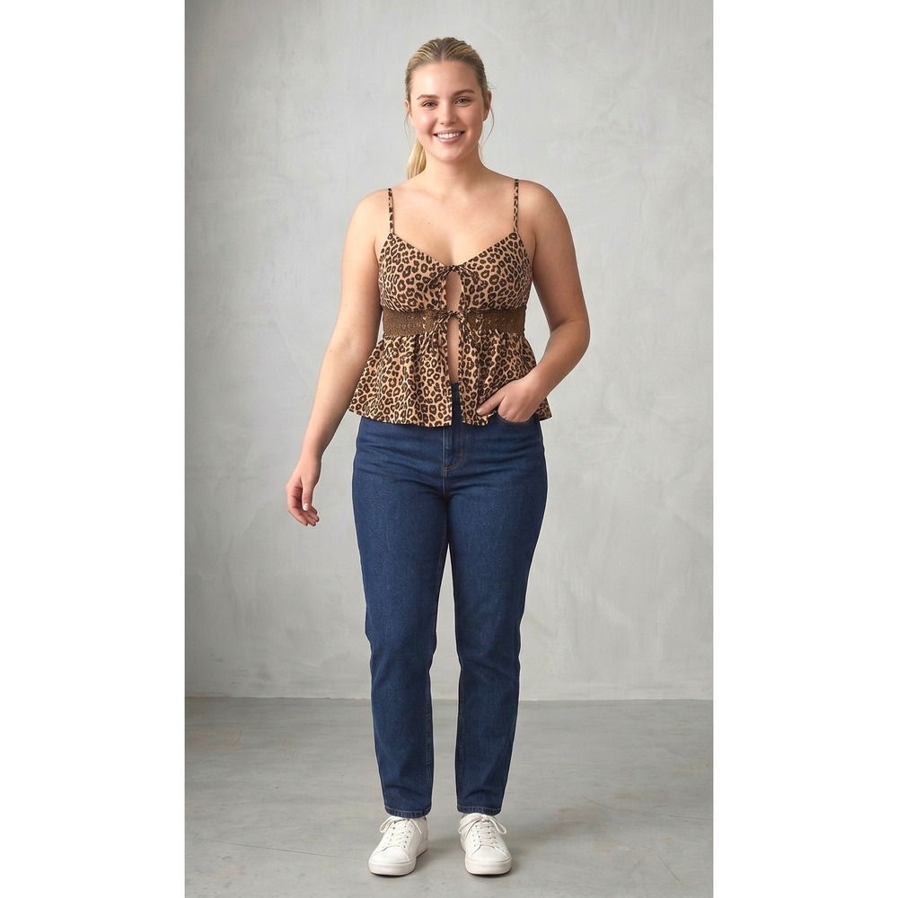 American Eagle Camisole Womens XL Brown Leopard Print Cotton Smocked‎ Peplum Top